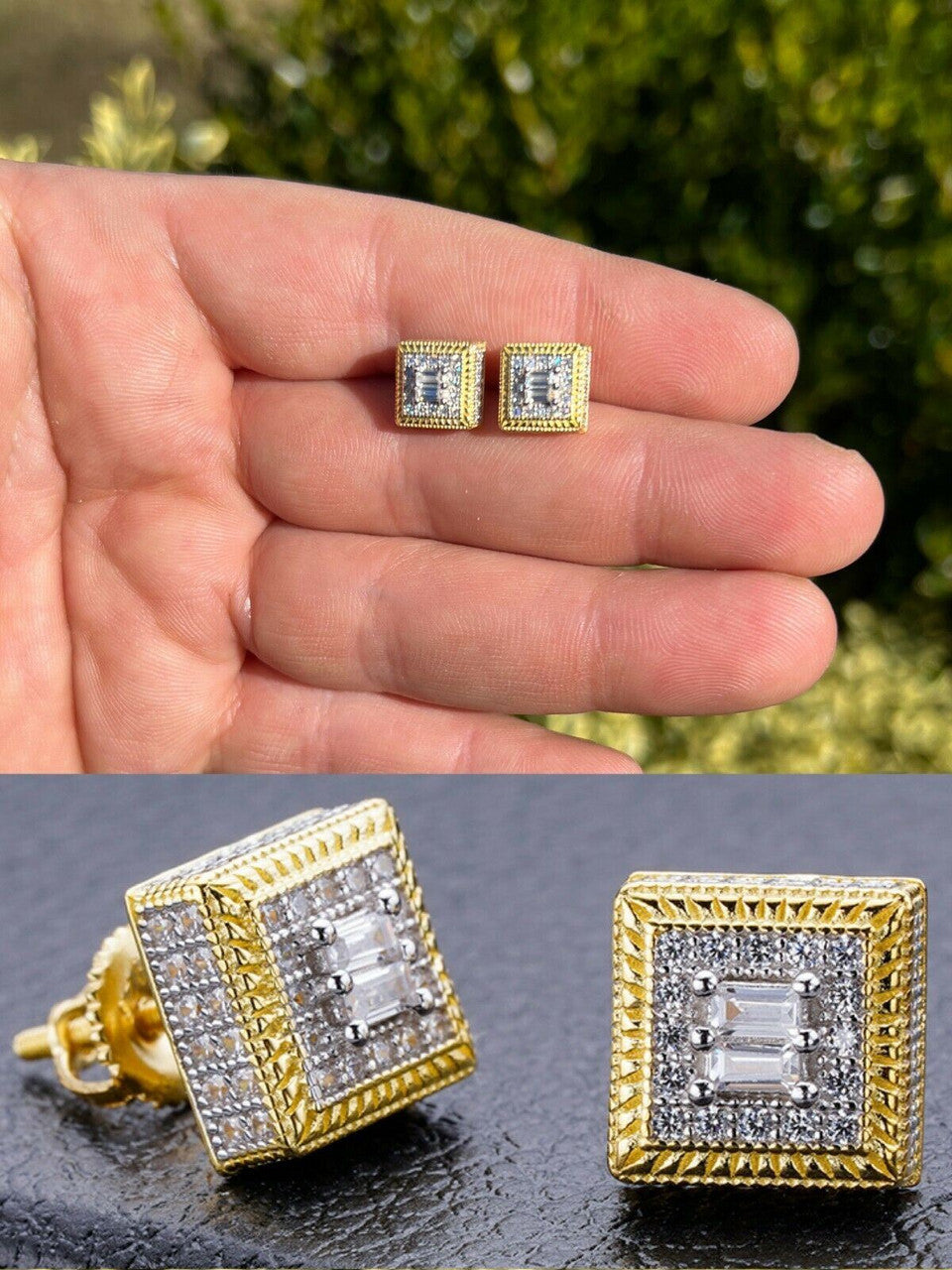Mens Hip Hop Square Stud Earrings | Crystal Ice Out Bling | Silver Tone C017