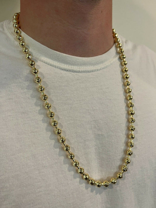HarlemBling 14k Gold Vermeil 925 Silver 8mm Ball Bead Chain Moon Cut Dog Tag Mens Necklace