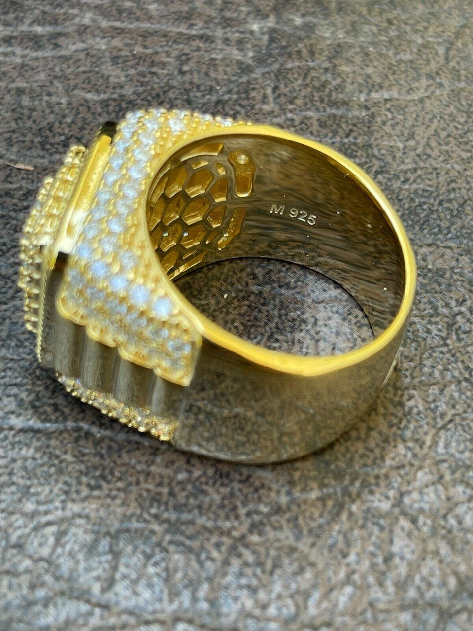 HarlemBling 14k Gold Vermeil 925 Silver Mens Hip Hop Iced Moissanite Ring Pass Diamond Test