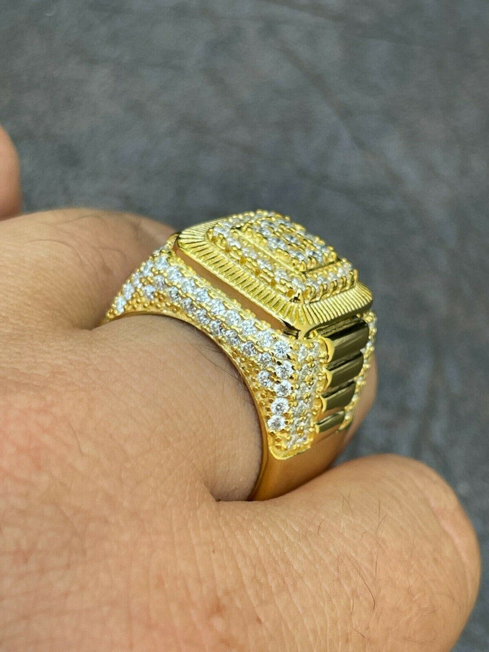 HarlemBling 14k Gold Vermeil 925 Silver Mens Hip Hop Iced Moissanite Ring Pass Diamond Test