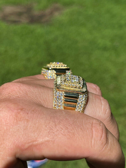 HarlemBling 14k Gold Vermeil 925 Silver Mens Hip Hop Iced Moissanite Ring Pass Diamond Test