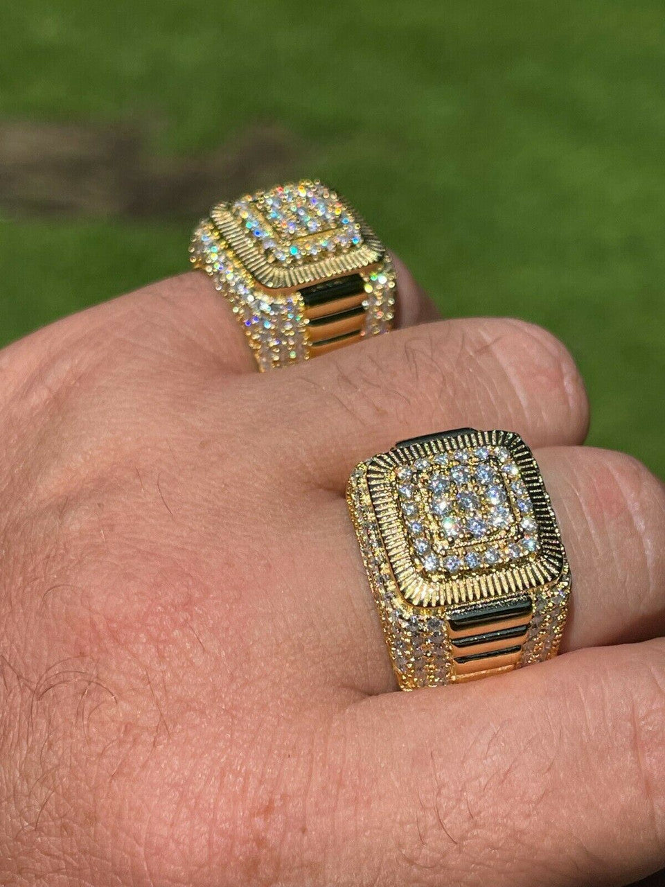 HarlemBling 14k Gold Vermeil 925 Silver Mens Hip Hop Iced Moissanite Ring Pass Diamond Test