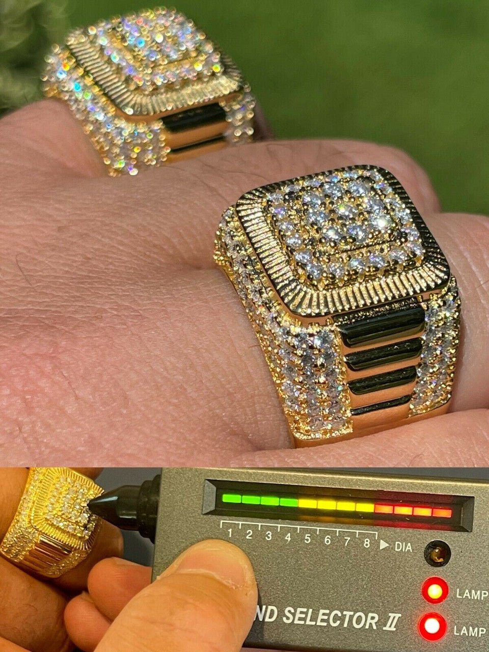 HarlemBling 14k Gold Vermeil 925 Silver Mens Hip Hop Iced Moissanite Ring Pass Diamond Test