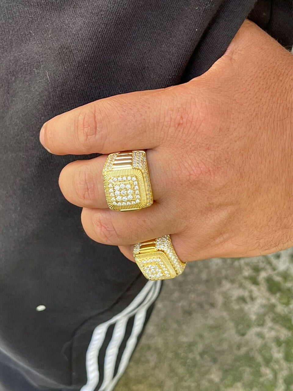 HarlemBling 14k Gold Vermeil 925 Silver Mens Hip Hop Iced Moissanite Ring Pass Diamond Test