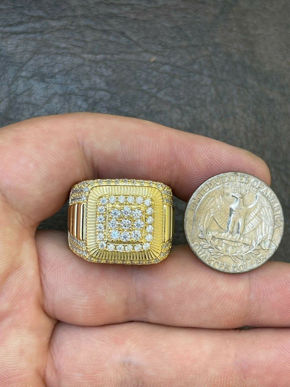 HarlemBling 14k Gold Vermeil 925 Silver Mens Hip Hop Iced Moissanite Ring Pass Diamond Test