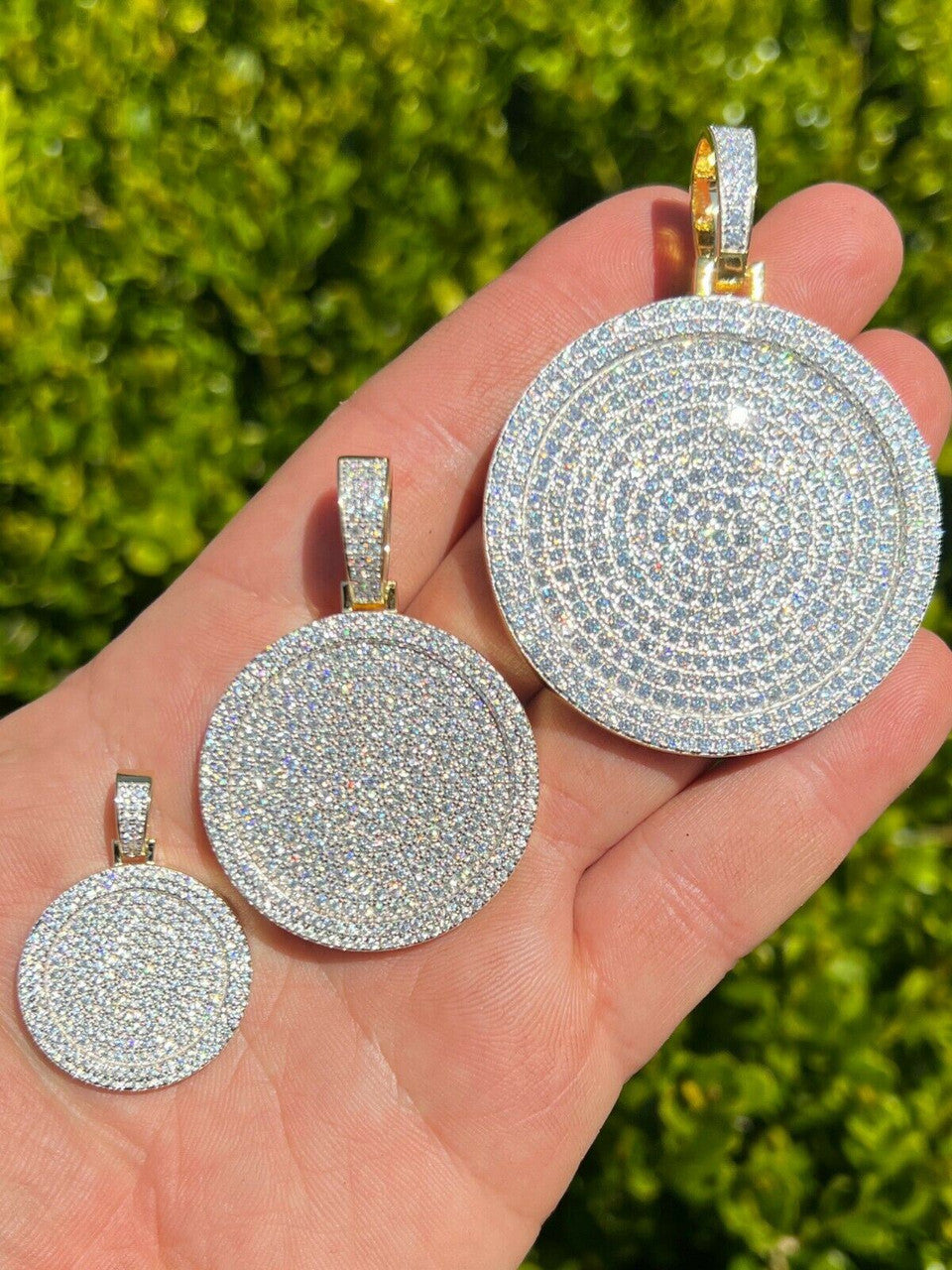 HarlemBling 14k Gold Vermeil 925 Silver Out Iced Round Hip Hop Medallion Pendant Necklace