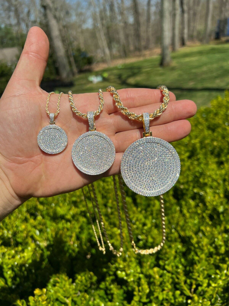 HarlemBling 14k Gold Vermeil 925 Silver Out Iced Round Hip Hop Medallion Pendant Necklace