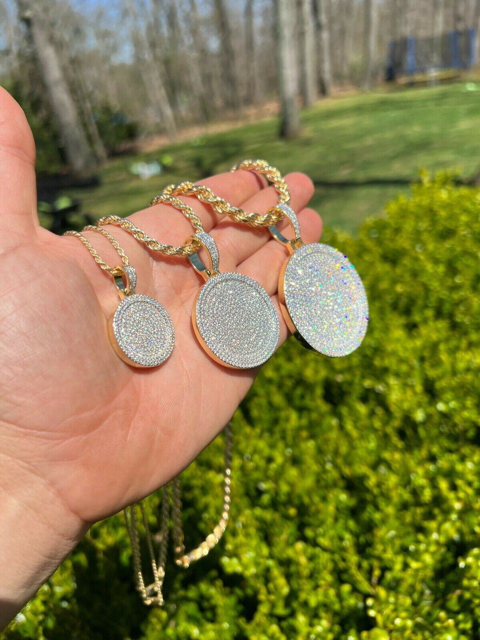 HarlemBling 14k Gold Vermeil 925 Silver Out Iced Round Hip Hop Medallion Pendant Necklace