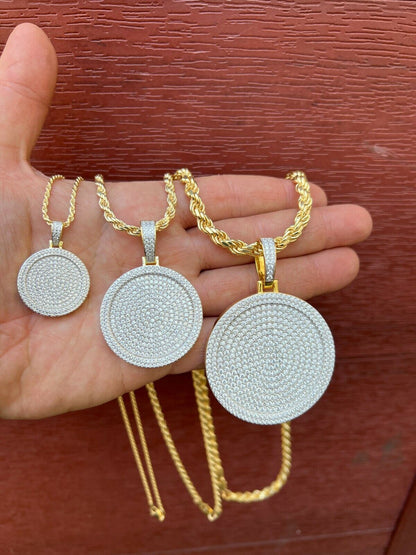 HarlemBling 14k Gold Vermeil 925 Silver Out Iced Round Hip Hop Medallion Pendant Necklace