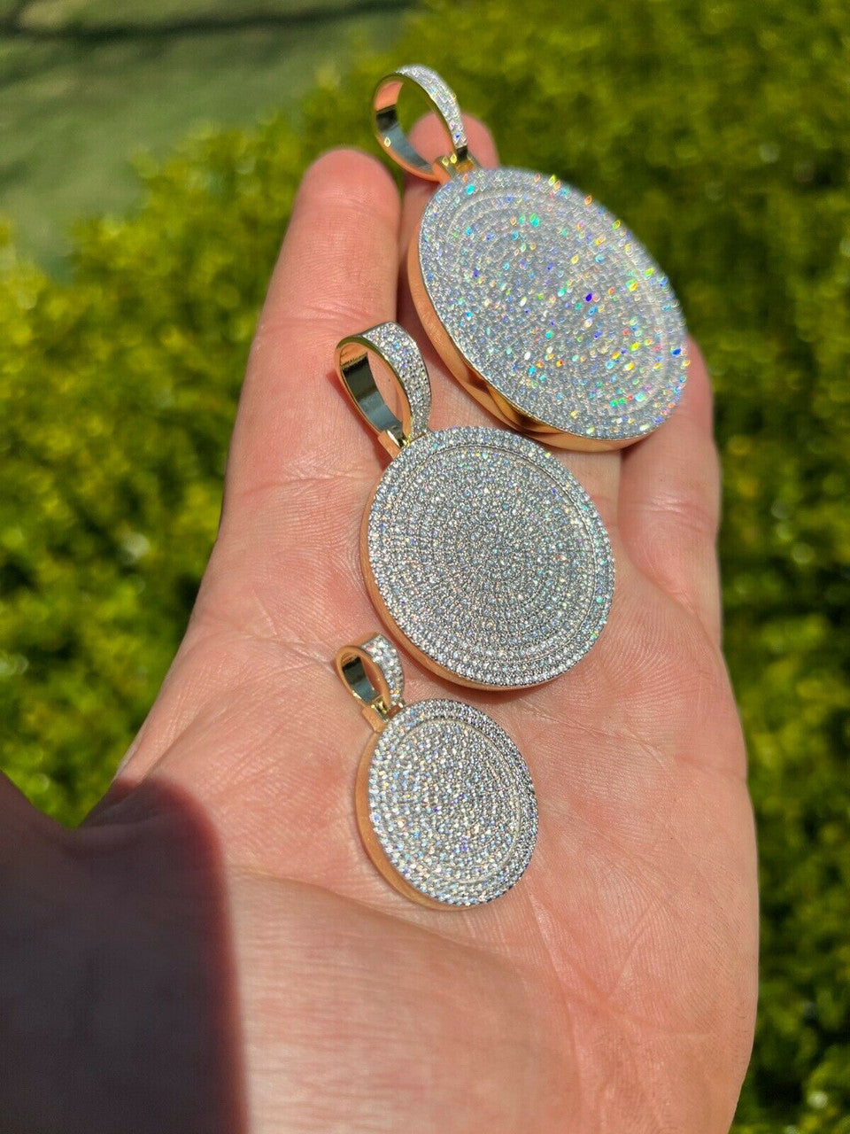 HarlemBling 14k Gold Vermeil 925 Silver Out Iced Round Hip Hop Medallion Pendant Necklace