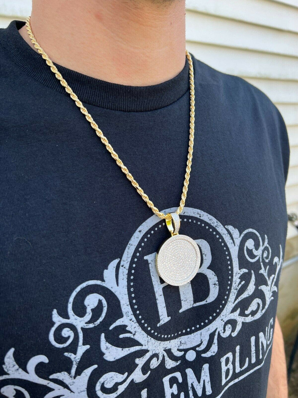 HarlemBling 14k Gold Vermeil 925 Silver Out Iced Round Hip Hop Medallion Pendant Necklace