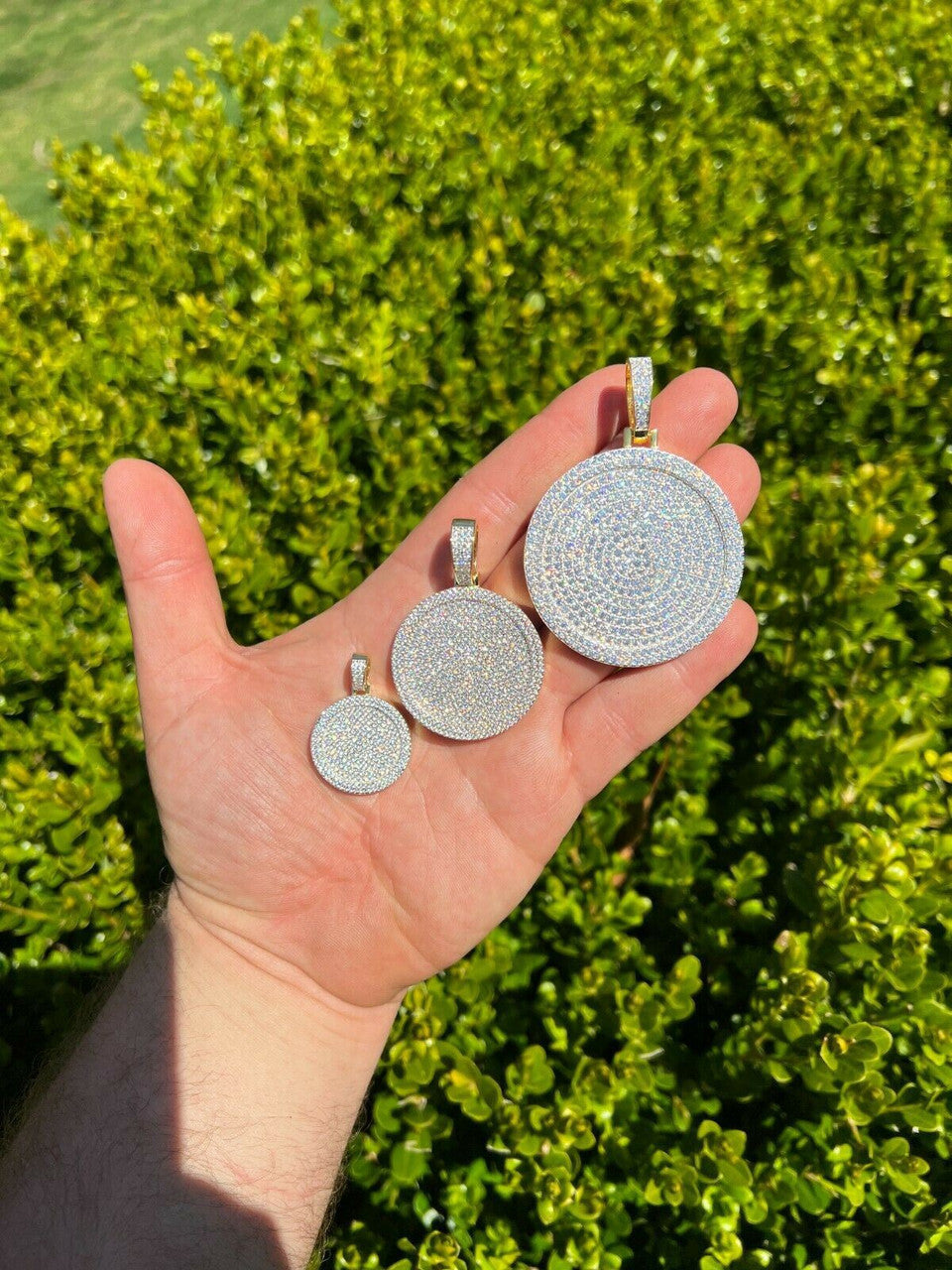 HarlemBling 14k Gold Vermeil 925 Silver Out Iced Round Hip Hop Medallion Pendant Necklace