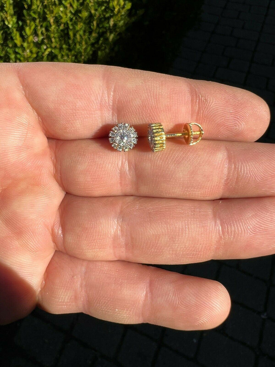 HarlemBling 14k Gold Vermeil 925 Silver Real Iced 8mm Earrings Round Cluster Diamond Studs