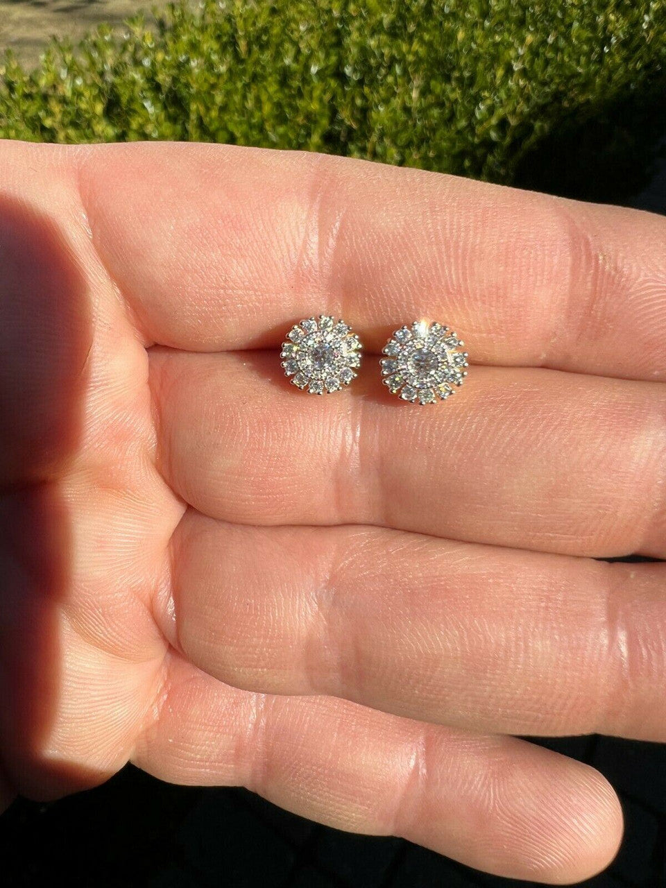 HarlemBling 14k Gold Vermeil 925 Silver Real Iced 8mm Earrings Round Cluster Diamond Studs