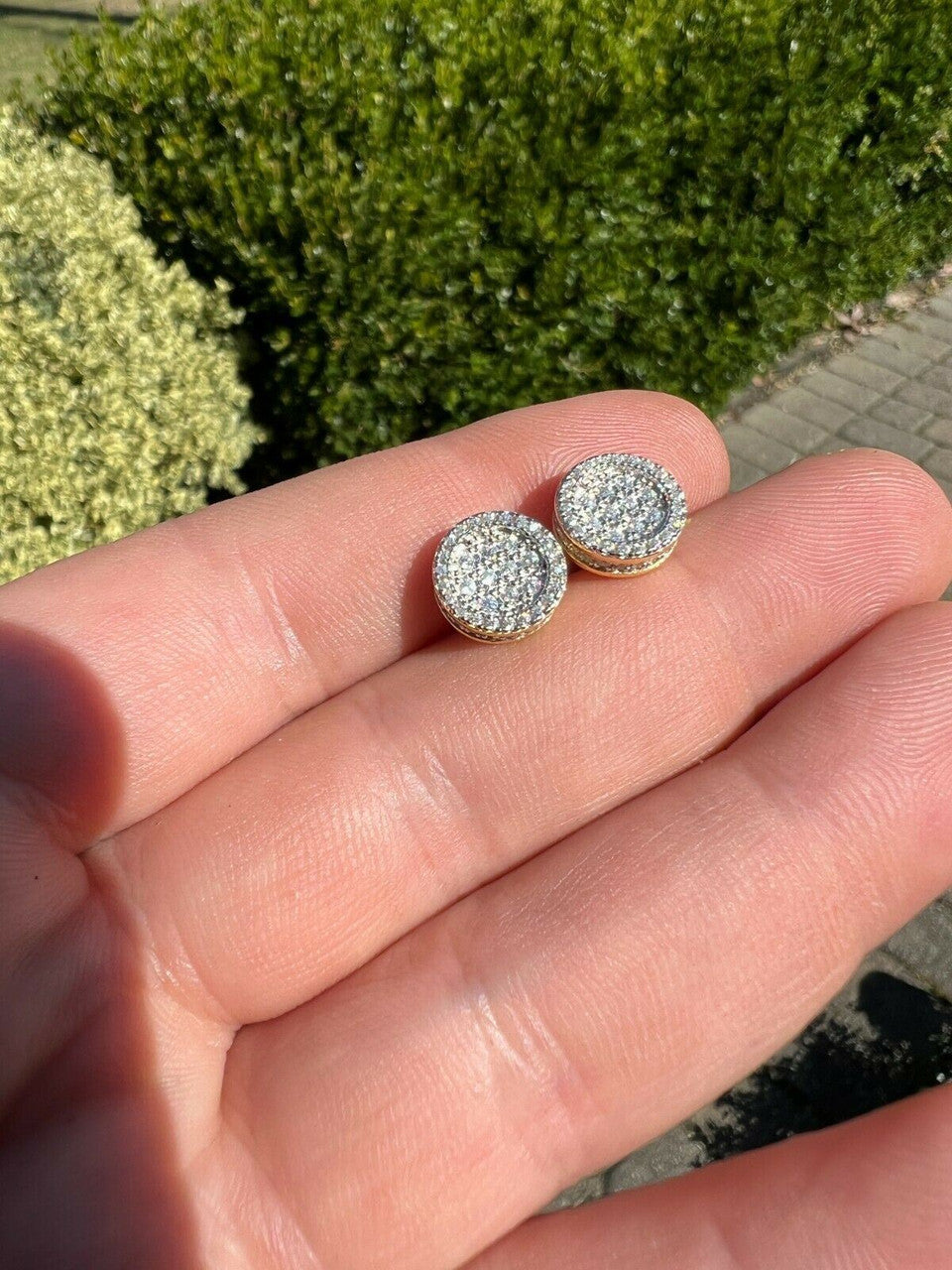 HarlemBling 14k Gold Vermeil Iced Moissanite Hip Hop Round Earrings Studs Pass Diamond Test