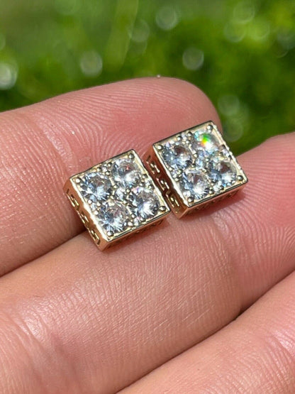 HarlemBling 14k Gold Vermeil Real 925 Silver Iced Square Cube Diamond Hip Hop Earrings Large
