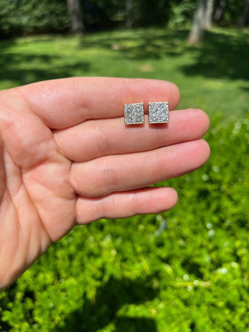 HarlemBling 14k Gold Vermeil Real 925 Silver Iced Square Cube Diamond Hip Hop Earrings Large