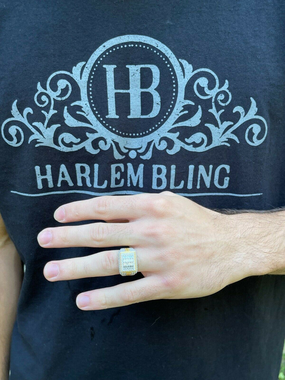 HarlemBling 14k Gold Vermeil Real 925 Silver Ring Iced Baguette Diamond Hip Hop Size 6-13