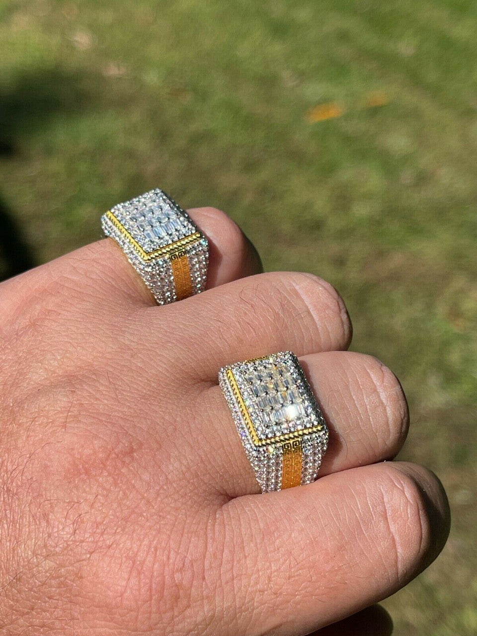 HarlemBling 14k Gold Vermeil Real 925 Silver Ring Iced Baguette Diamond Hip Hop Size 6-13