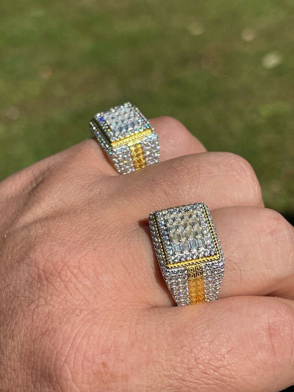 HarlemBling 14k Gold Vermeil Real 925 Silver Ring Iced Baguette Diamond Hip Hop Size 6-13