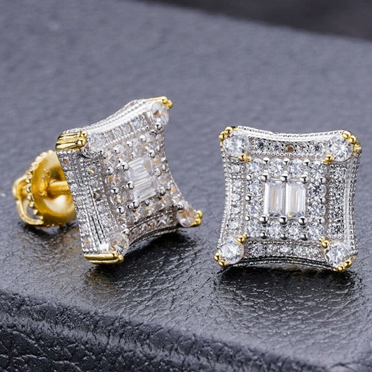 HarlemBling 14k Gold Vermeil Real Hip Hop Mens Earrings Large Square Kite Baguette Iced CZ