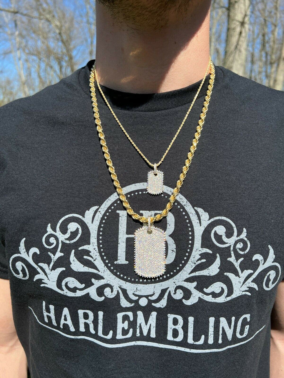 HarlemBling 14k Gold Vermeil Solid 925 Silver Dog Tag Iced Hip Hop Pendant Necklace - 3 Size