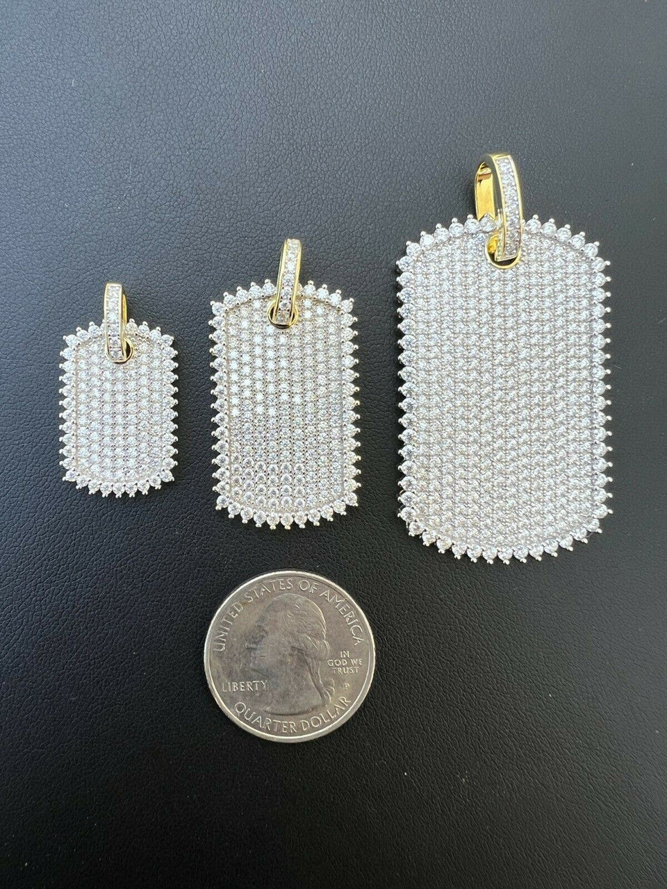 HarlemBling 14k Gold Vermeil Solid 925 Silver Dog Tag Iced Hip Hop Pendant Necklace - 3 Size