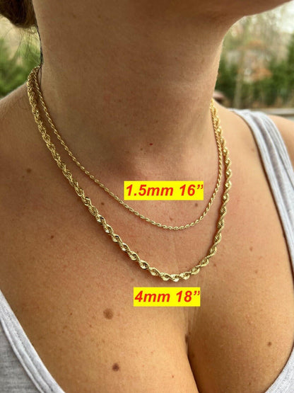 HarlemBling 14k HOLLOW Men's Women's Real Yellow Gold Rope Chain Necklace 1.5mm-4.5mm