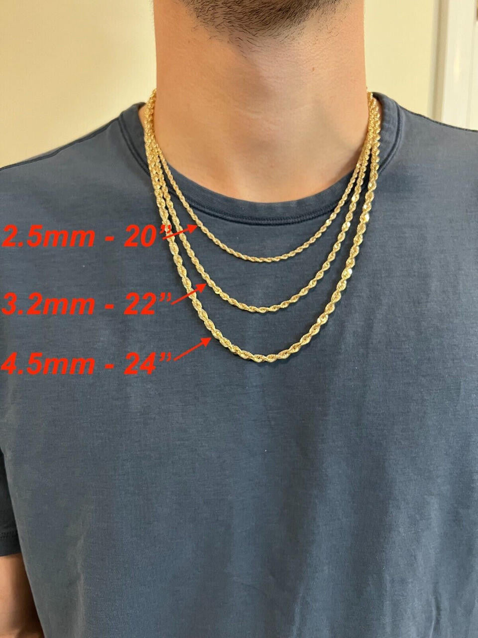 HarlemBling 14k HOLLOW Men's Women's Real Yellow Gold Rope Chain Necklace 1.5mm-4.5mm
