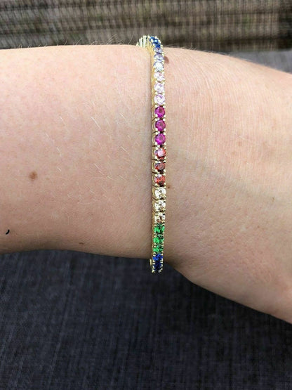 HarlemBling 14k Over Solid 925 Sterling Silver 4mm Multicolor Rainbow CZ Tennis Bracelet 7