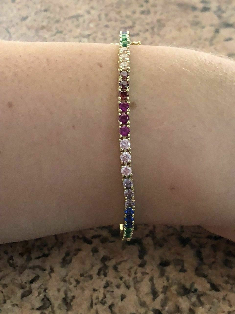 HarlemBling 14k Over Solid 925 Sterling Silver 4mm Multicolor Rainbow CZ Tennis Bracelet 7