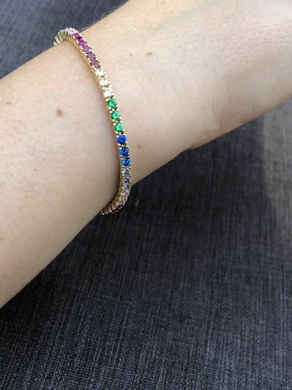HarlemBling 14k Over Solid 925 Sterling Silver 4mm Multicolor Rainbow CZ Tennis Bracelet 7