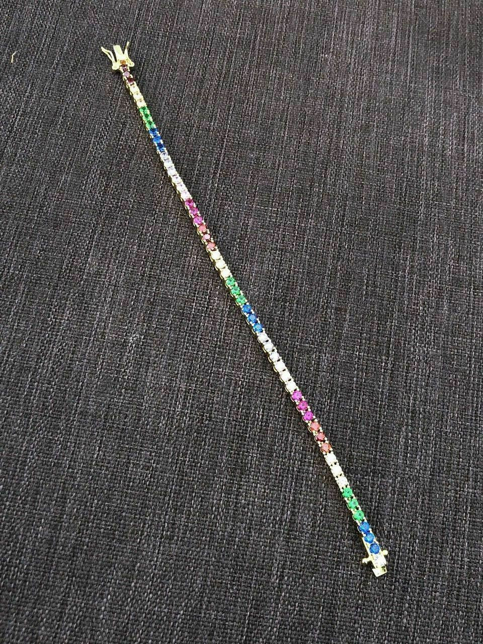 HarlemBling 14k Over Solid 925 Sterling Silver 4mm Multicolor Rainbow CZ Tennis Bracelet 7