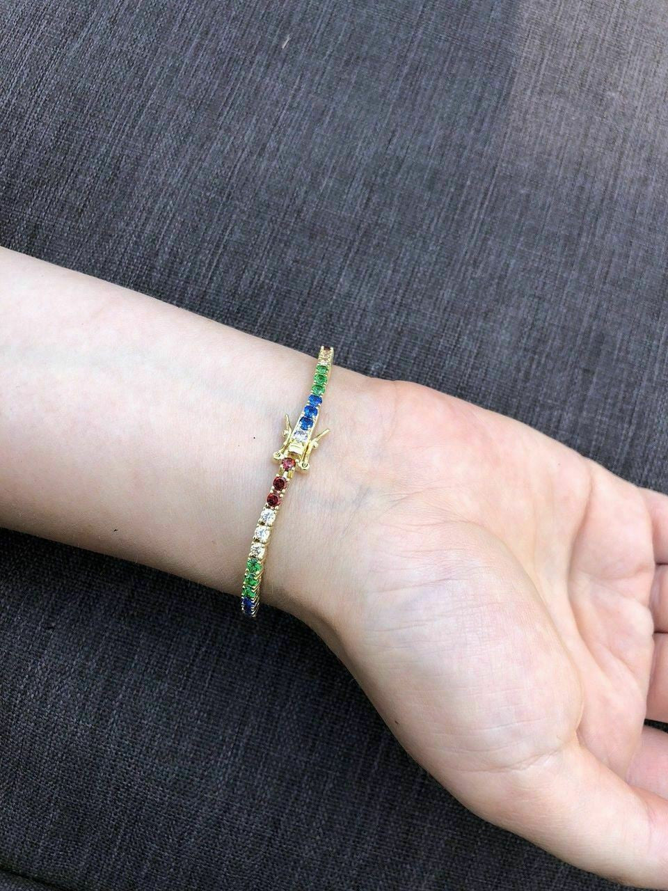 HarlemBling 14k Over Solid 925 Sterling Silver 4mm Multicolor Rainbow CZ Tennis Bracelet 7