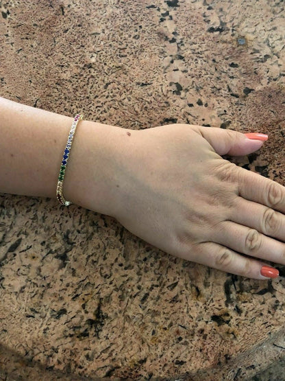 HarlemBling 14k Over Solid 925 Sterling Silver 4mm Multicolor Rainbow CZ Tennis Bracelet 7