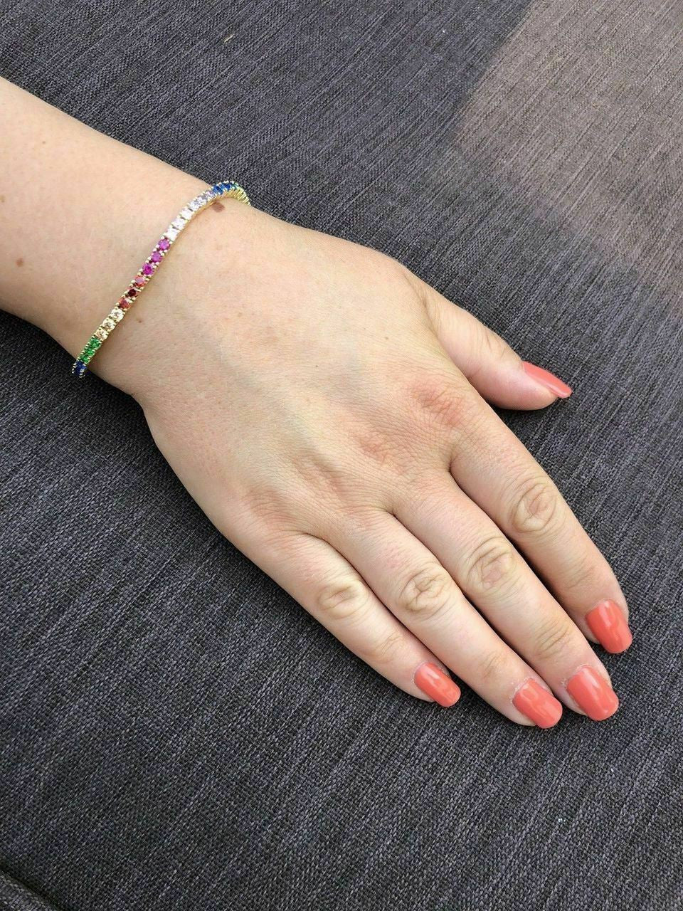 HarlemBling 14k Over Solid 925 Sterling Silver 4mm Multicolor Rainbow CZ Tennis Bracelet 7