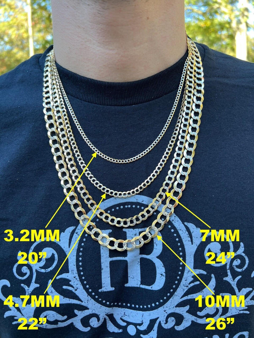 HarlemBling 14k Real Gold Two Tone Diamond Cut Curb Miami Cuban Link Chain 2.5-12mm Necklace dollar45-50/Gram