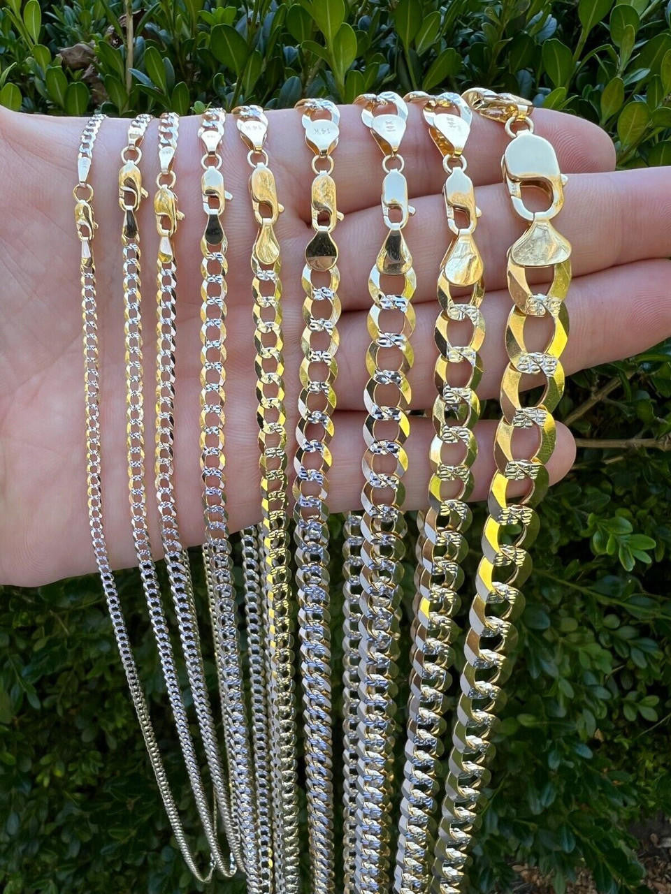 HarlemBling 14k Real Gold Two Tone Diamond Cut Curb Miami Cuban Link Chain 2.5-12mm Necklace dollar45-50/Gram