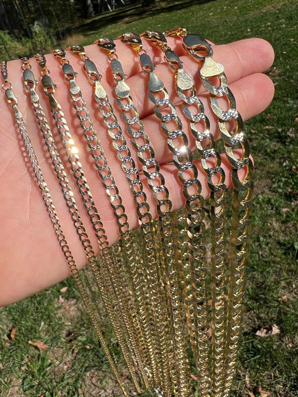 HarlemBling 14k Real Gold Two Tone Diamond Cut Curb Miami Cuban Link Chain 2.5-12mm Necklace dollar45-50/Gram