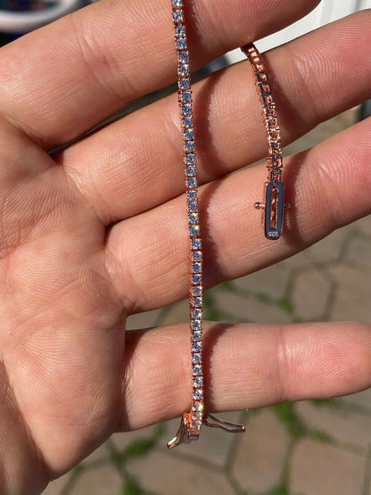 HarlemBling 14k Rose Gold Over Real 925 Silver 2mm Tennis Bracelet Diamond 6-8.5 Men Ladies