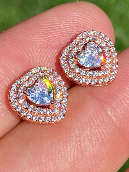 HarlemBling 14k Rose Gold Over Real 925 Silver Heart Earrings Diamond Studs Iced Ladies Girl