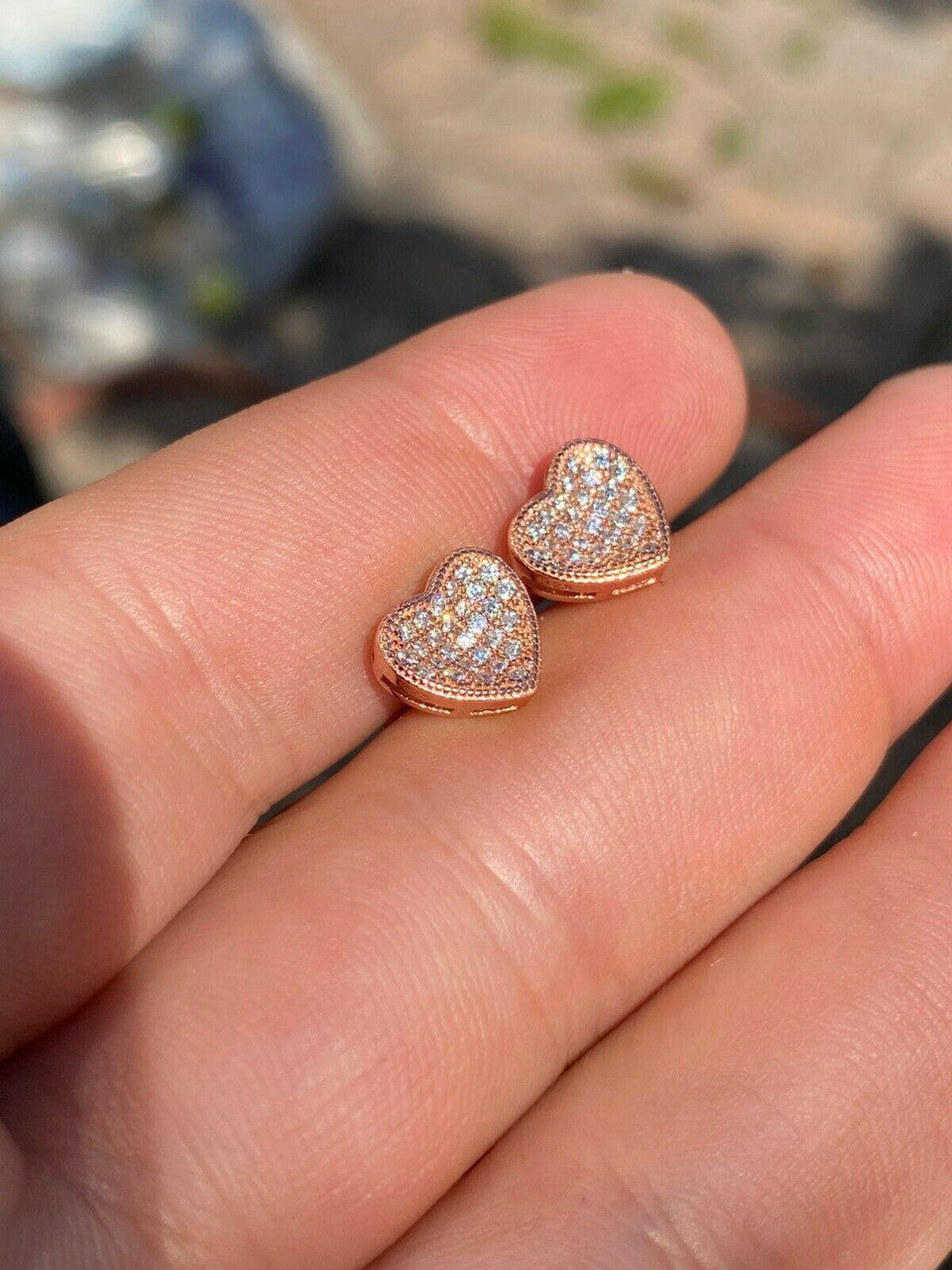 HarlemBling 14k Rose Gold Over Real 925 Silver Heart Shaped Earrings Diamond Studs Aretes