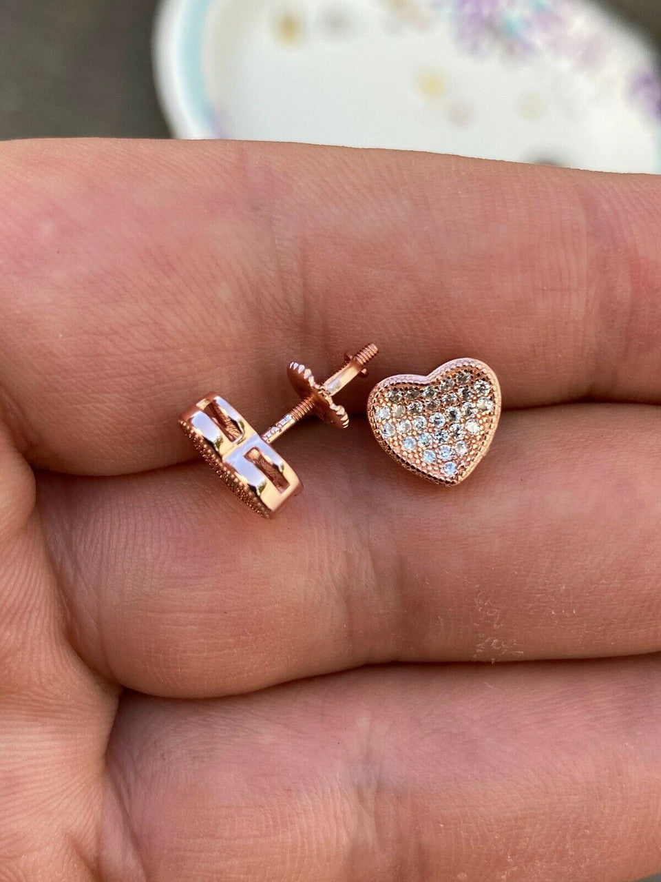 HarlemBling 14k Rose Gold Over Real 925 Silver Heart Shaped Earrings Diamond Studs Aretes