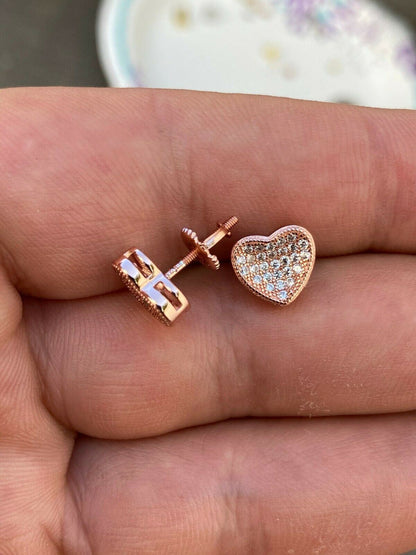 HarlemBling 14k Rose Gold Over Real 925 Silver Heart Shaped Earrings Diamond Studs Aretes