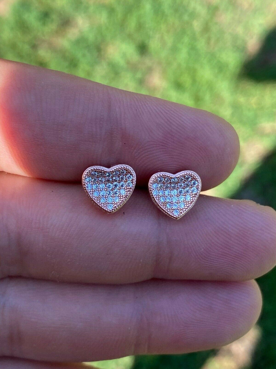 HarlemBling 14k Rose Gold Over Real 925 Silver Heart Shaped Earrings Diamond Studs Aretes