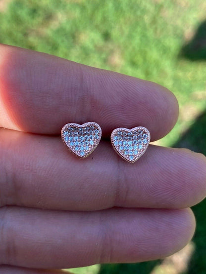 HarlemBling 14k Rose Gold Over Real 925 Silver Heart Shaped Earrings Diamond Studs Aretes