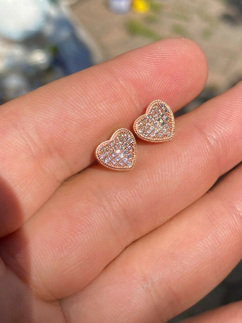 HarlemBling 14k Rose Gold Over Real 925 Silver Heart Shaped Earrings Diamond Studs Aretes