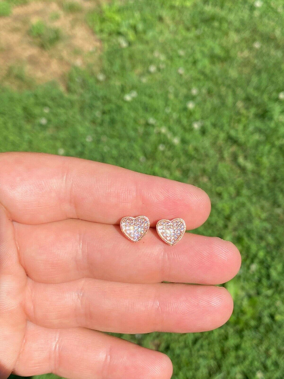 HarlemBling 14k Rose Gold Over Real 925 Silver Heart Shaped Earrings Diamond Studs Aretes