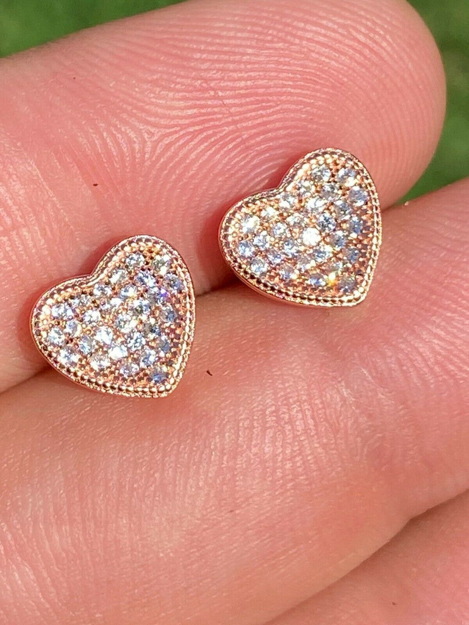 HarlemBling 14k Rose Gold Over Real 925 Silver Heart Shaped Earrings Diamond Studs Aretes