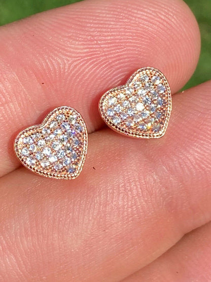 HarlemBling 14k Rose Gold Over Real 925 Silver Heart Shaped Earrings Diamond Studs Aretes